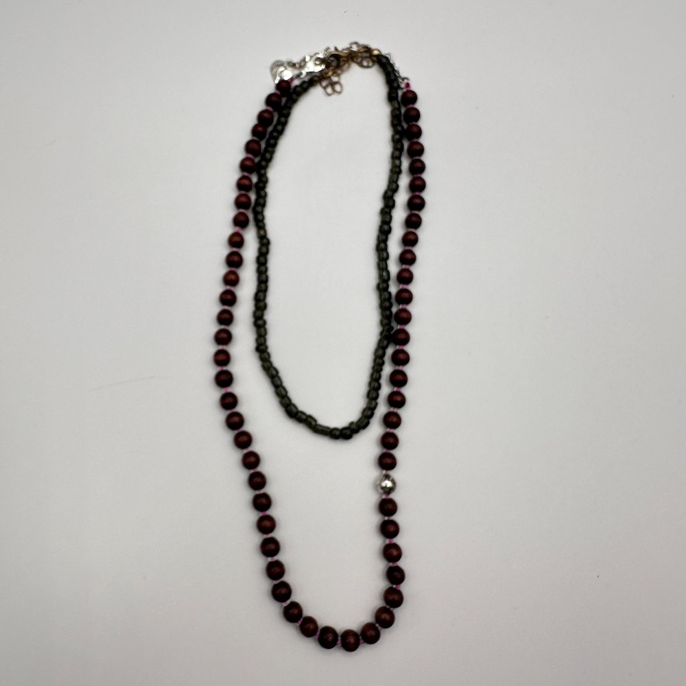 Vintage Brown Wood Glass Bead Necklace Set Boho Earthy Layering Statement